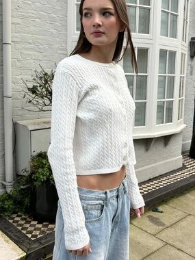 Brandy Melville White Cable Knit Button-Up Cardigan